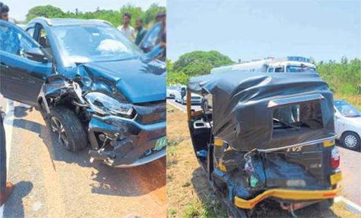 منگلورو کے قریب ملکی میں پیش آیا سڑک حادثہ - کار نے ماری آٹو رکشہ کو ٹکر - 4 افراد زخمی