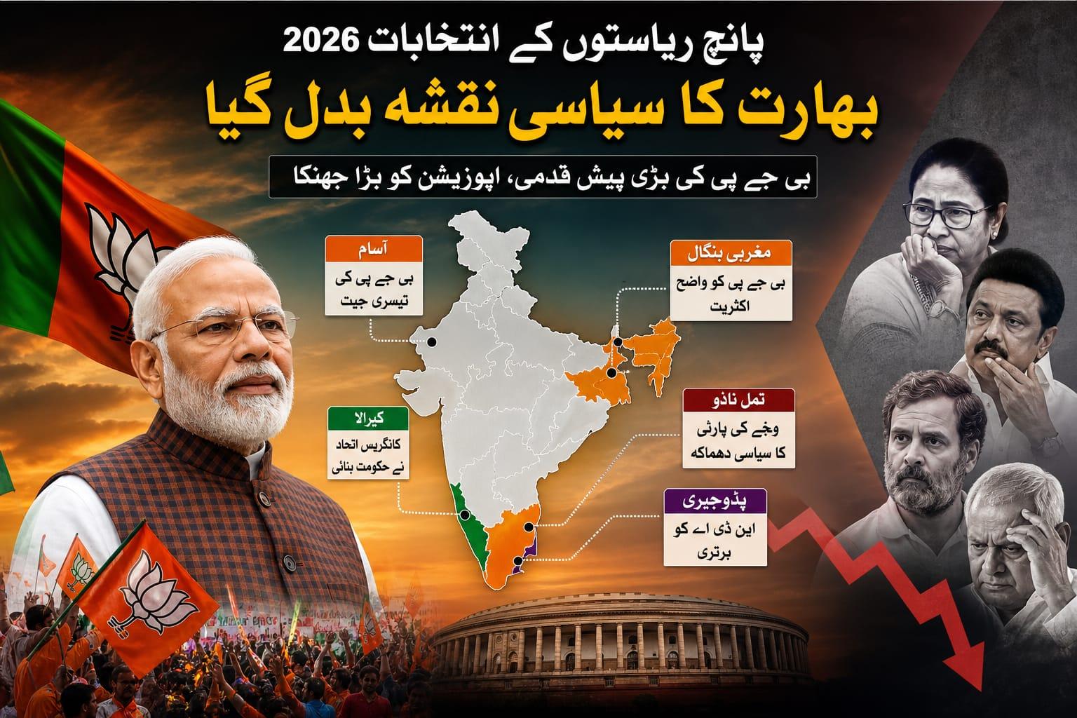 اسمبلی انتخابات میں بی جے پی کی تاریخی پیش قدمی، بنگال میں قلعہ فتح، تمل ناڈو میں سیاسی زلزلہ، کیرالا میں حکومت تبدیل