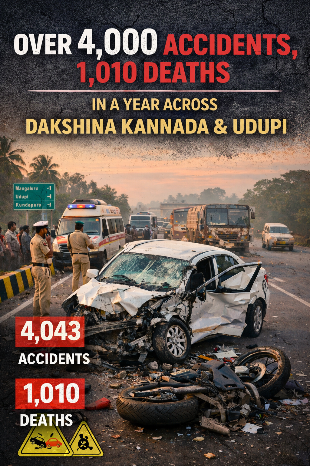 دکشن کنڑا ، اڈپی ضلع میں ایک سال کے عرصے میں 4,026 سڑک حادثات - 1,010 افراد نے گنوائی جان
