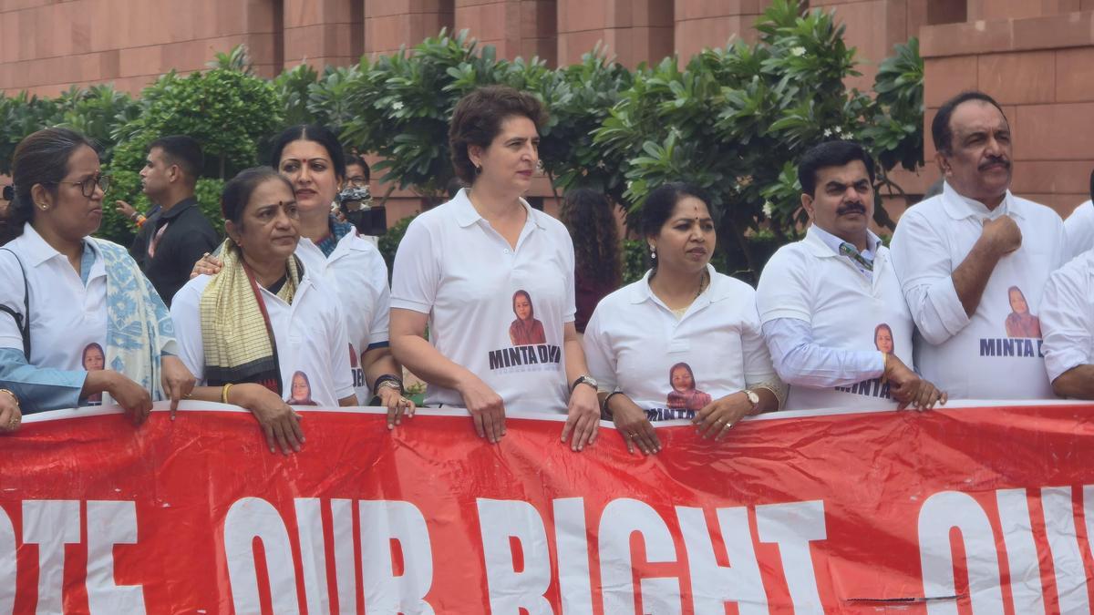 ووٹ چوری کے خلاف پارلیمنٹ میں اپوزیشن کا احتجاج، 124 سالہ مِنتا دیوی کی تصویر والی ٹی شرٹس پہن کر دی پیغام