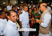 Defence Minister Rajnath Singh interacts with Indian Navy Staff deployed on INS Gharial in Sri Lanka